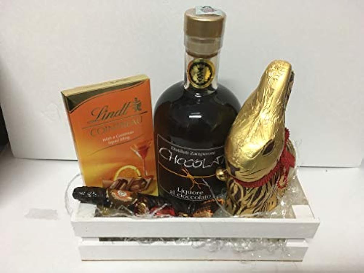 Composizione Artigianale Pasqua Cassetta Legno Liquore Cioccolato e Cioccolata Lindt Con cioccolatini Gold Bunny assortiti Lindor. 735043465