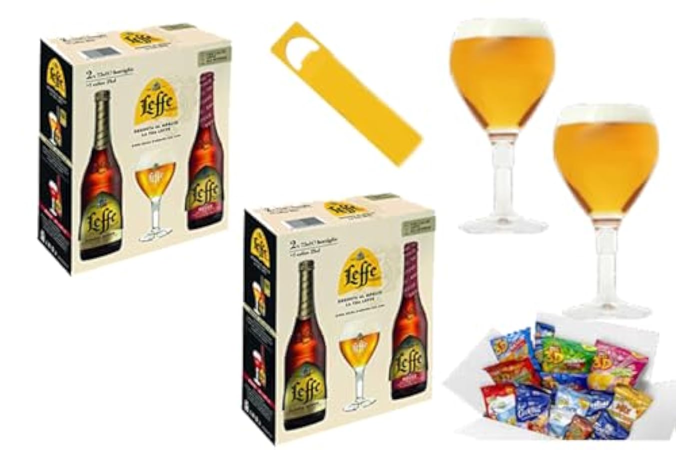 Leffe Birra Blonde e Leffe Rouge con Calice all´Interno, 4 x 750 ml + 2 calici + 1 apri bottiglia + 6 snack OMAGGIO 631400981