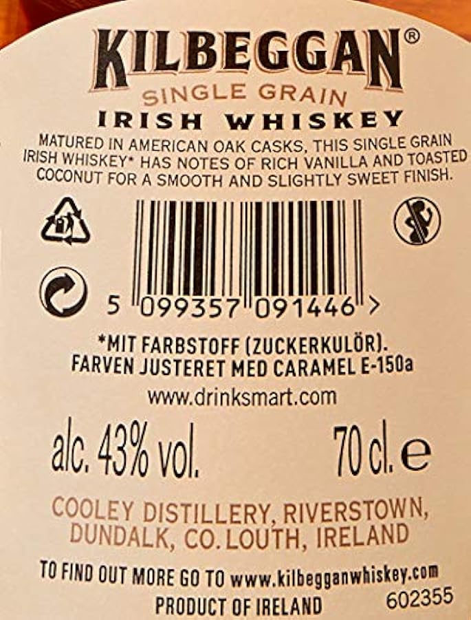 Kilbeggan Single Grain Irish Whiskey, Whisky Irlandais 43% - 70cl 920814908