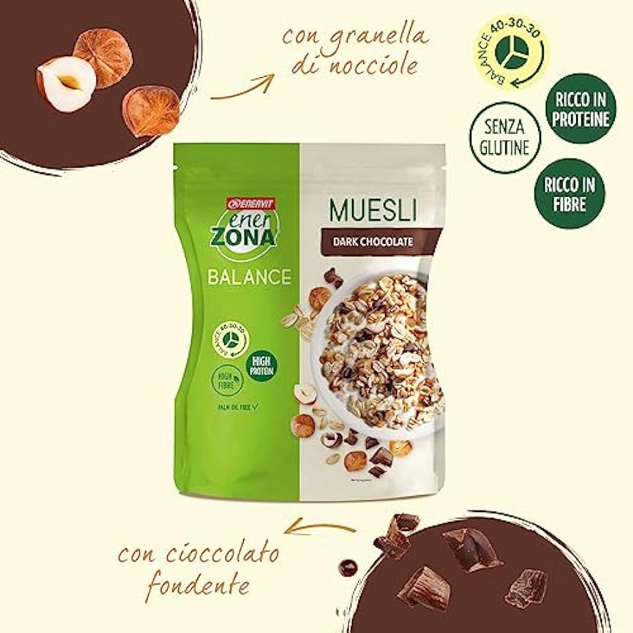 Enervit, Muesli Dark Chocolate, Sacchetto da 230 Grammi, Cereali per una Colazione Proteica, con Cioccolato e Granella di Nocciola, Granola con Proteine della Soia, Bilanciati 40-30-30 102456141