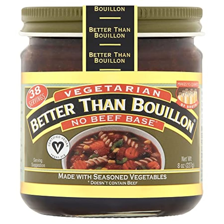 Better Than Bouillon Base vegetariana senza manzo, realizzata con verdure stagionate, vegana certificata, produce brodo da 9,5 litri, 38 porzioni, barattolo da 8 once (confezione da 2) 319732678