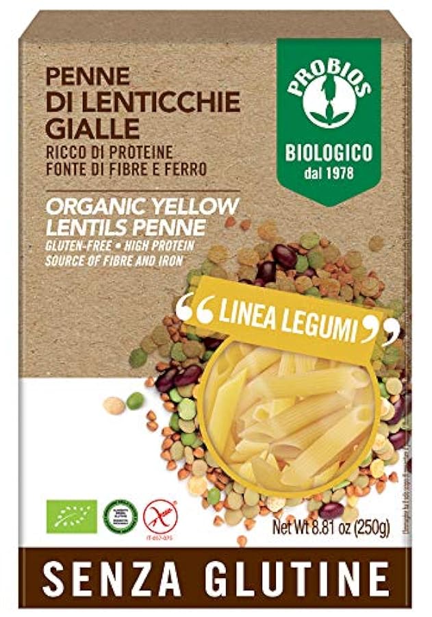 Probios Penne 100% Lenticchie Gialle Bio senza Glutine - Confezione da 12 x 250 g 291820646