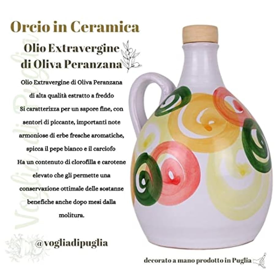 Voglia Di Puglia Olio Extravergine Di oliva 100% Italiano Orcio Ceramica Estratto a Freddo Litri 0,500 (Spirali verdi) 353844398