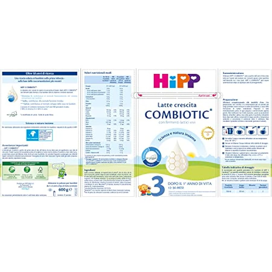 HiPP - Latte 3 Combiotic Crescita, Latte in Polvere, Indicato per Bambini dal 1° Anno d´Età, 4 Confezioni da 600 gr 315453292