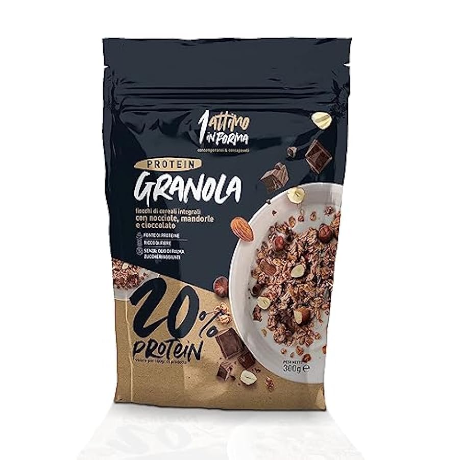 1 Attimo in Forma | Granola Proteica Cereali Muesli - 20% Proteine 300gr Senza Zuccheri Aggiunti Croccante Colazione Nutriente (Cioccolato Mandorla e Nocciola, 8 Pezzi) 525466219