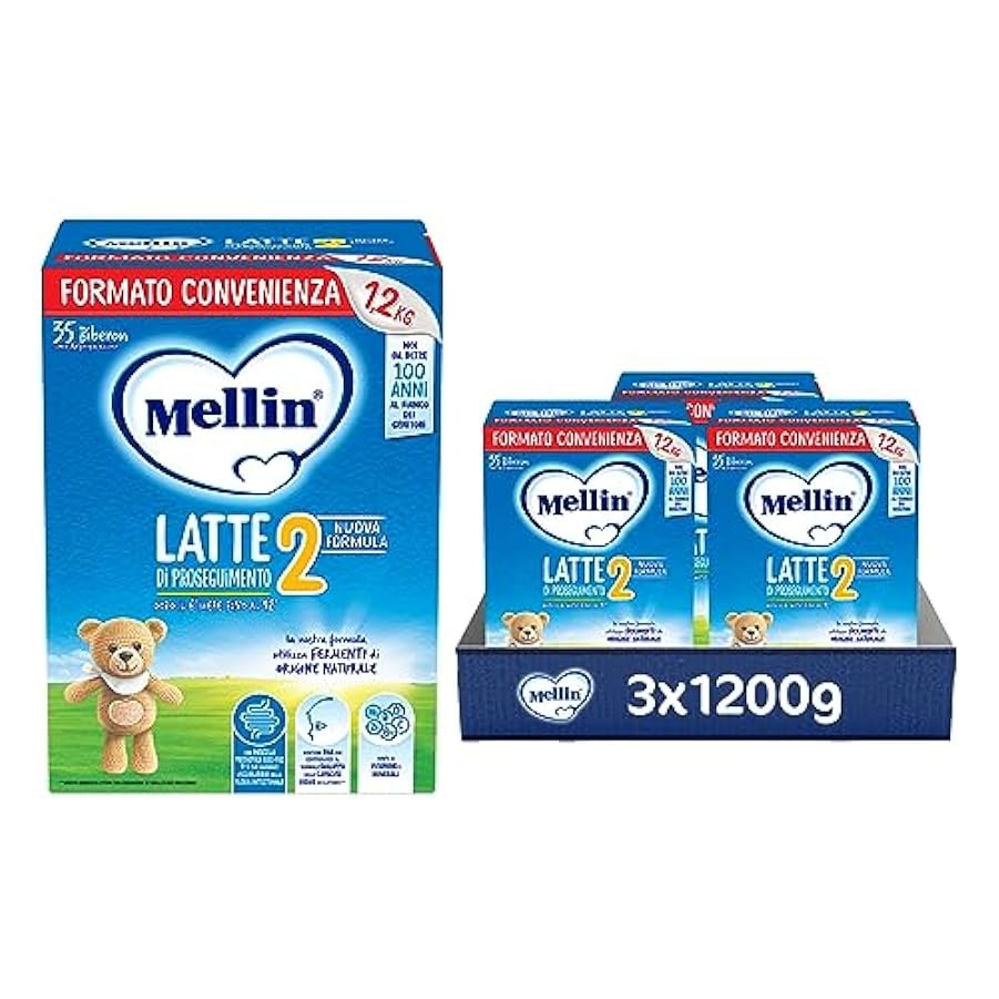 MELLIN 2 - Latte di Proseguimento in Polvere per Neonati dal 6° Mese Compiuto al 12° - Confezione da 3600 grammi (3 x 1200g) 895121909