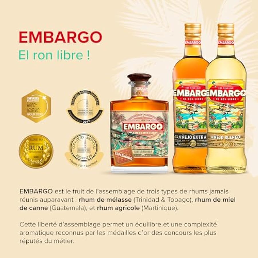 EMBARGO - Rum Anejo Extra - Rum Libero - 40% di alcol - Origine: Trinidad & Tobago, Guatemala, Martinica - 70 cl 705541028