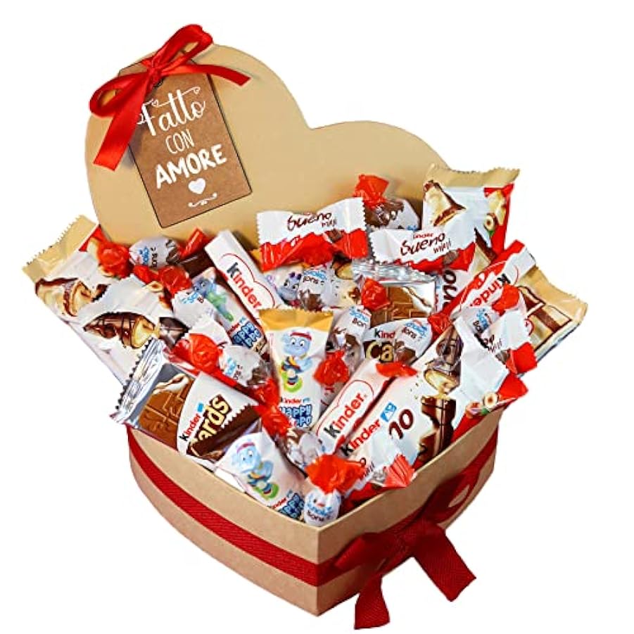 Onza. Scatola di cioccolatini Kinder Bueno per regalare a forma di cuore. Cesto Dolci pieno di un pacchetto di Kinder, SchokoBons, Happy Hippo, Kinder Cards, Kinder Bueno mini. 542756857