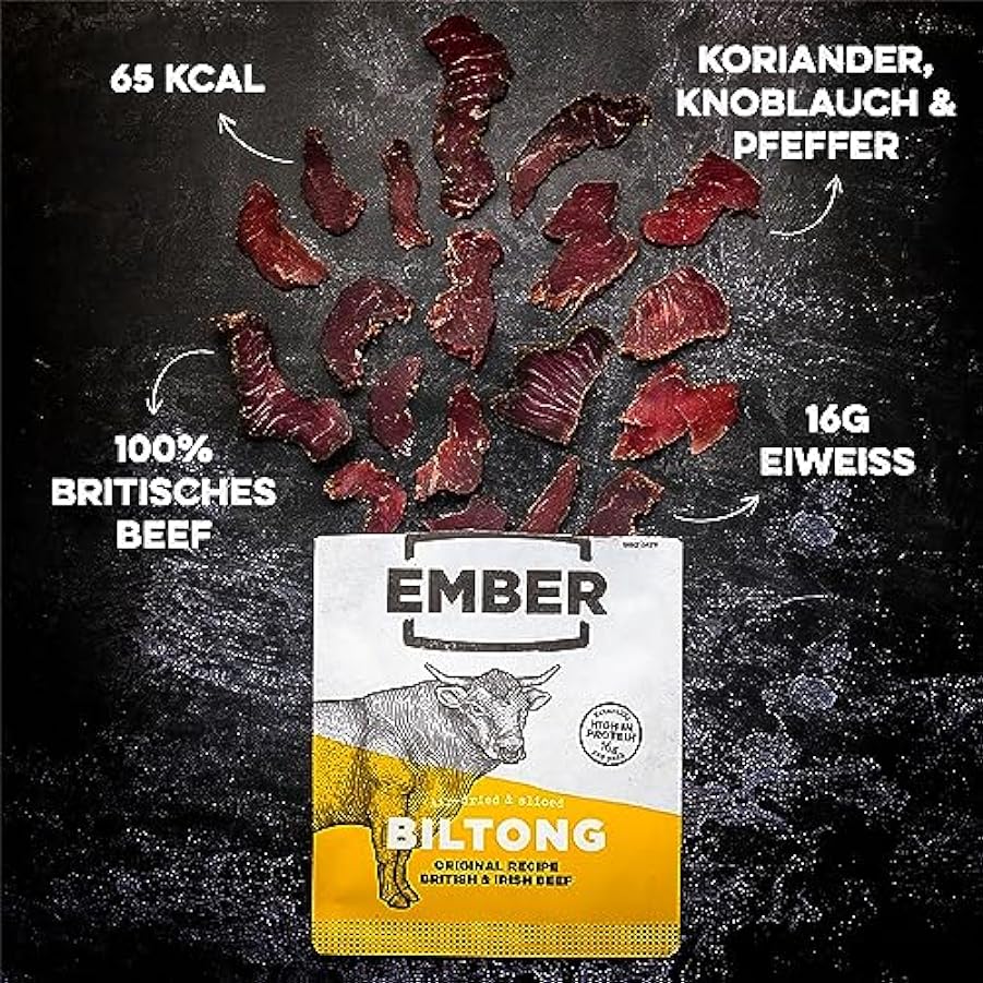 Ember Snacks - Biltong Beef Jerky (Original 250g x 4 Confezioni) Ricco di proteine, ipocalorico. Snack - A Base Di Manzo Britannico E Irlandese… 890863527