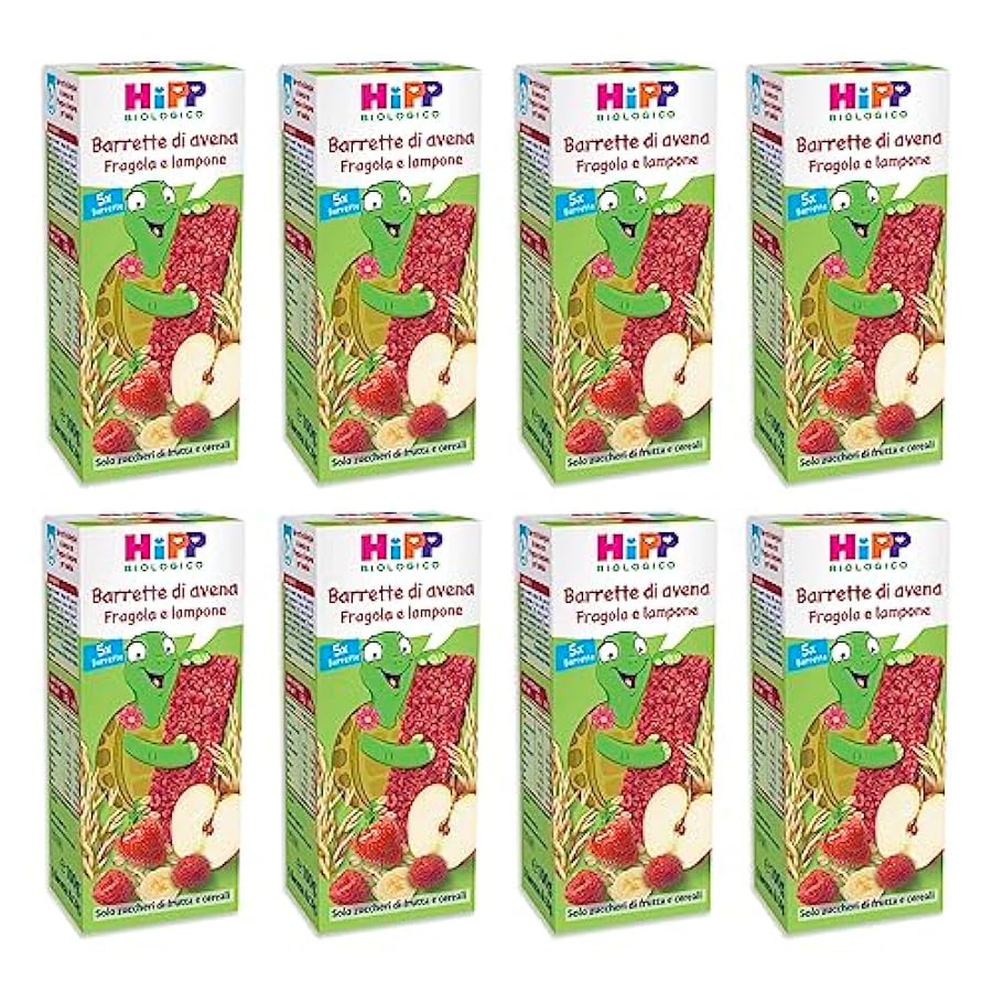 HiPP - Barrette di Avena Bio, Gusto Fragola e Lampone, Snack per Bambini 100% Biologico, 8 Confezioni con 5 Barrette Ciascuna 831984160