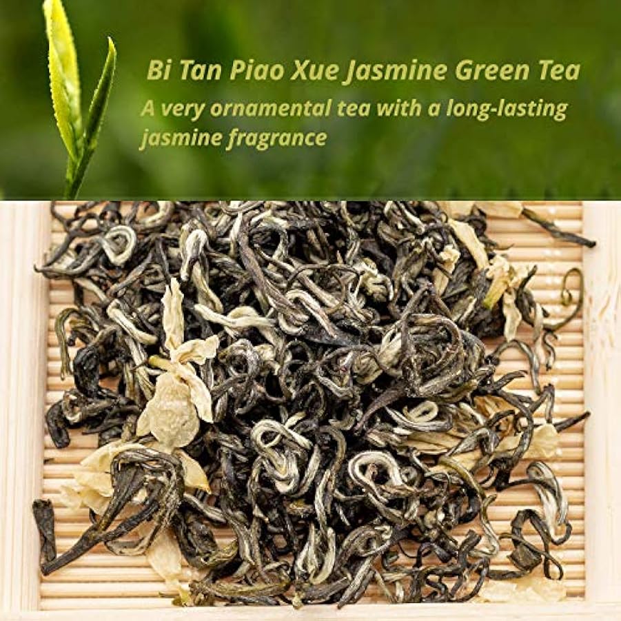 Oriarm 225g / 8oz Bi Tan Piao Xue Tè Verde Al Gelsomino Loose Leaf - Chinese Mao Feng Green Tea with Jasmine Flowers - Yuqian 1st Grade - Brew Hot or Iced Tea 225603140
