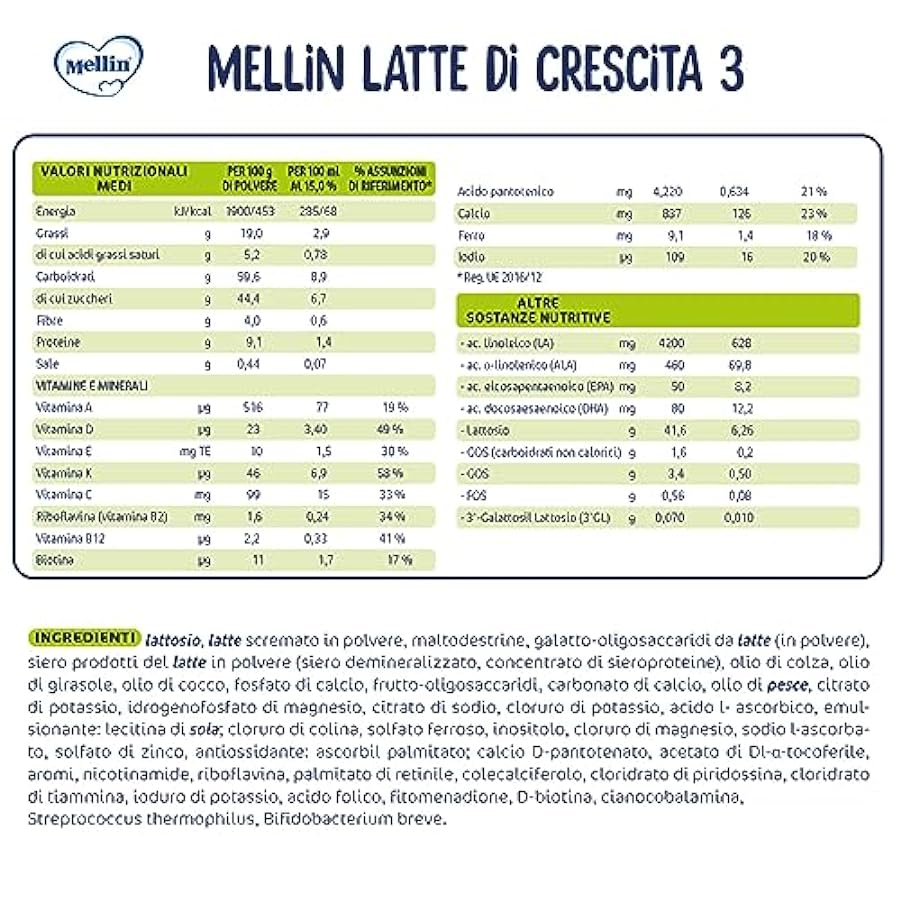 MELLIN 3 - Latte di Crescita in Polvere per Bambini - dal 1° anno compiuto al 2° anno - Confezione da 3600 grammi (3 x 1200g) 147083460