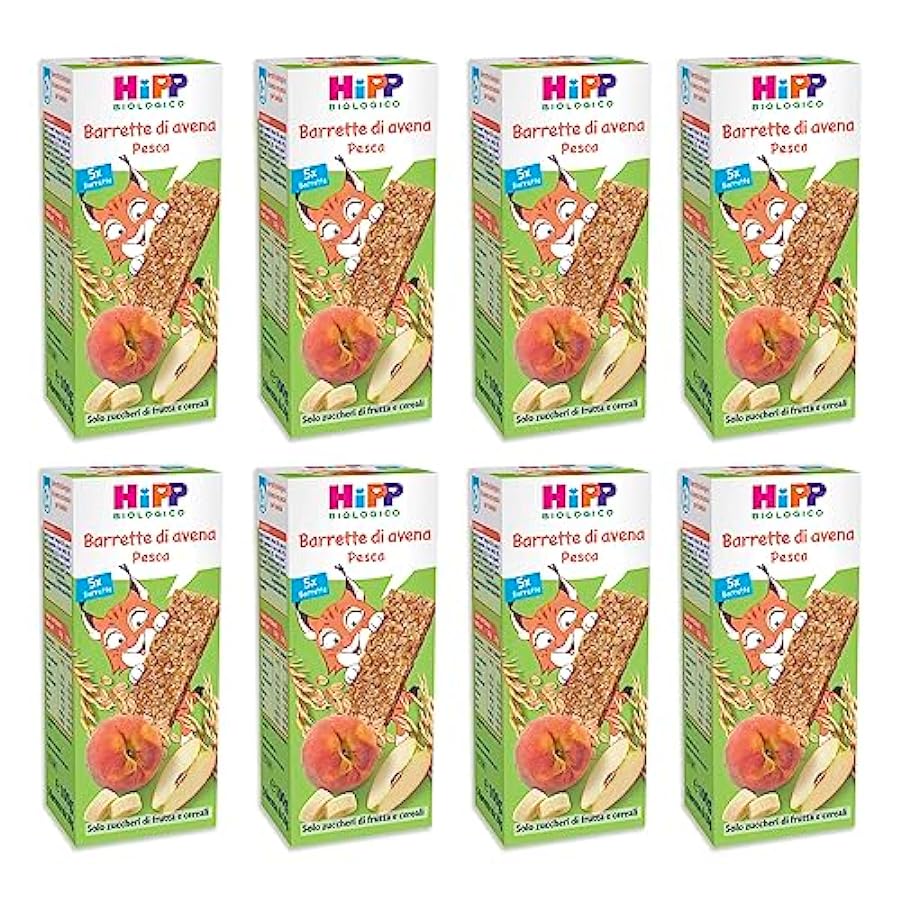 HiPP - Barrette di Avena Bio, Gusto Pesca, Snack per Bambini 100% Biologico, 8 Confezioni con 5 Barrette Ciascuna 945557575