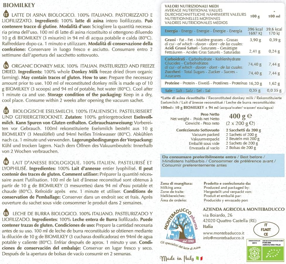 BIOMILKEY - 400 g - Latte di Asina Biologico in polvere - uso alimentare, da bere ricostituito, caldo o fresco (DONKEY MILK POWDER - shipping in Europa ) 994330677